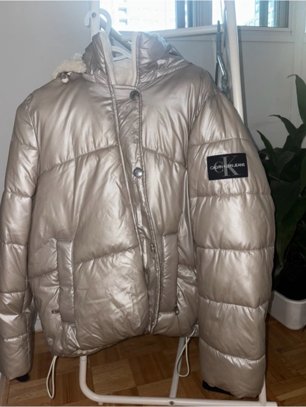 Calvin Klein Jeans Cream Quilted Puffer Coat with Logo